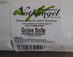 Bund Grüne Soße der Gärtnerei Nothnagel, Griesheim. Verpackungsetikett