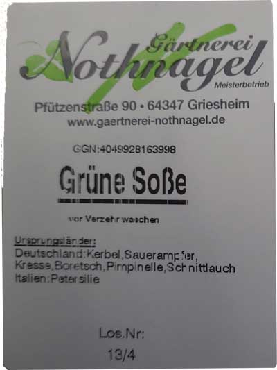 Etikett auf der Verpackung Grüner Soße aus der Gärtnerei Nothnagel